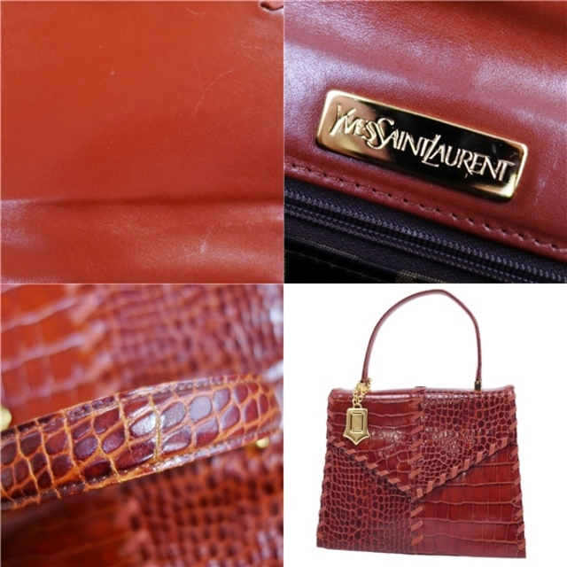 Vintage イヴサンローラン Yves Saint Laurent バッグ ハンドバッグ ゴールド金具 クロコ型押し カバン レディース ブラウン