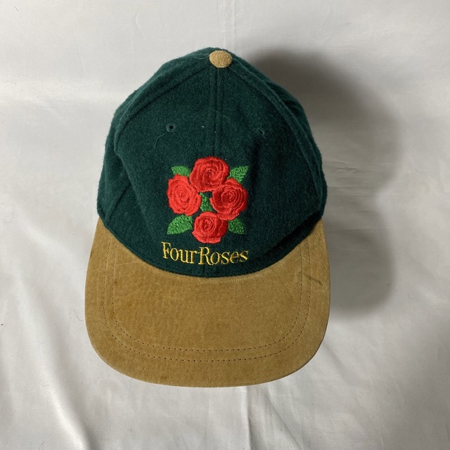 90’s Four Roses ウール レザー キャップ 刺繍 グリーン 緑