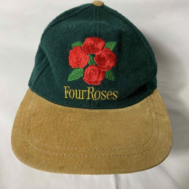 90’s Four Roses ウール レザー キャップ 刺繍 グリーン 緑