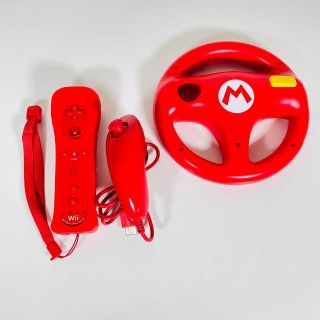 ウィー(Wii)のWii リモコン 希少色 ヌンチャク マリオカート ハンドル レッド 任天堂(キャラクターグッズ)