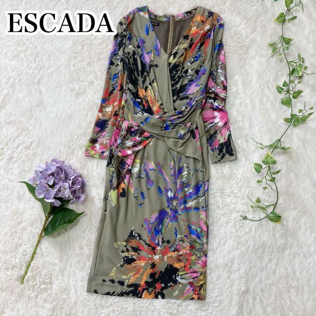 ESCADA♡高級 ストレッチ ジャージー素材ワンピース 花柄 ベージュ 32