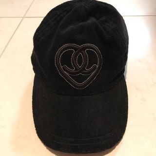 シャネル パイル タオル 黒 キャップ 帽子 CHANEL ハートライン
