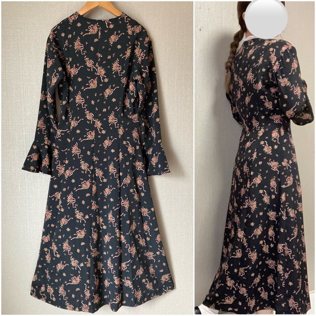 vintage 古着 レトロ 花柄 フレアスリーブ ロングワンピース 前開き  レディースのワンピース(ロングワンピース/マキシワンピース)の商品写真