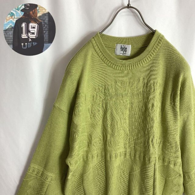 レトロ セーター ジャガード編みボックスシルエット ヨーロピアン 緑色L