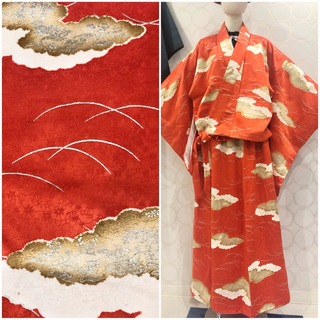 着物リメイク オレンジ 金 雲 ショート丈羽織 ロングスカート(セット/コーデ)