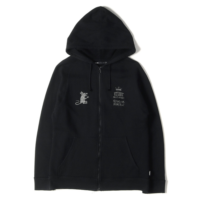 NEIGHBORHOOD ネイバーフッド パーカー STUSSY ステューシー スカル イーグル スウェット ジップパーカー 00s トップス フーディー グリッター ラメ プリント ブラック 黒 L 日本製 コラボ【メンズ】