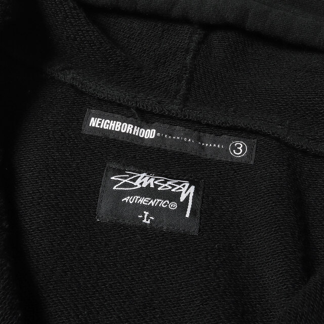 NEIGHBORHOOD ネイバーフッド パーカー STUSSY ステューシー スカル イーグル スウェット ジップパーカー 00s トップス フーディー グリッター ラメ プリント ブラック 黒 L 日本製 コラボ【メンズ】