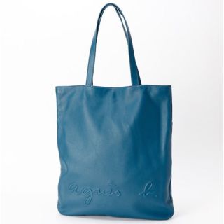 新品】agnes b. レザーロゴトートバッグ ブルー-