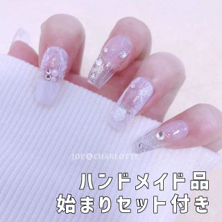 No.67 M 油絵風 白薔薇 ジェルネイルチップ ビジューラメグラデ 水滴 冬 コスメ/美容のネイル(つけ爪/ネイルチップ)の商品写真