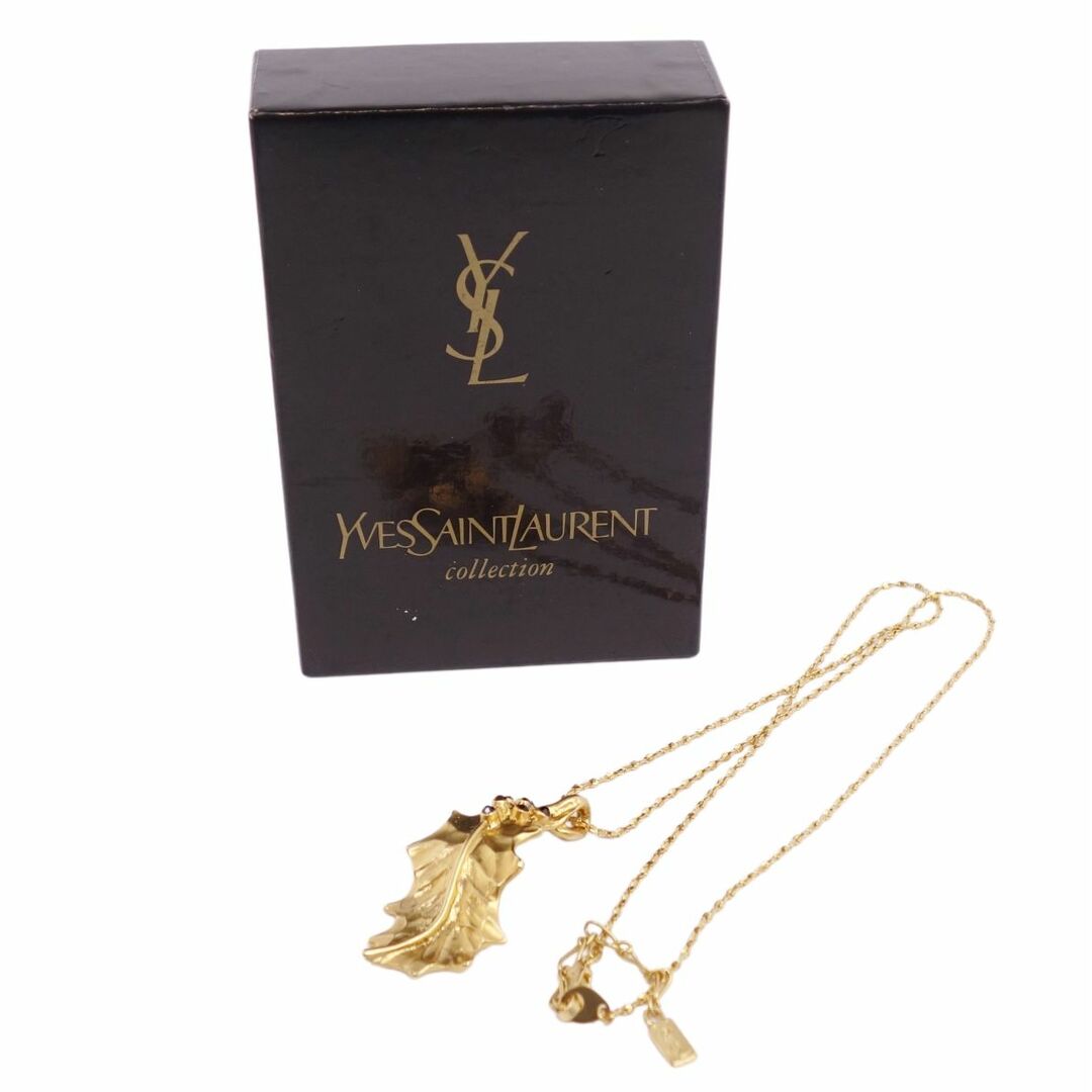 美品 Vintage イヴサンローラン Yves Saint Laurent ネックレス ラインストーン リーフ YSLロゴ アクセサリー レディース ゴールド