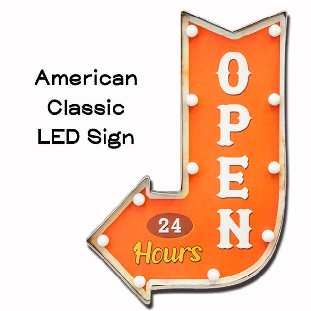 LED アメリカン クラシックサイン (オープン 矢印) 24時間営業 OPEN鉄紙重さ