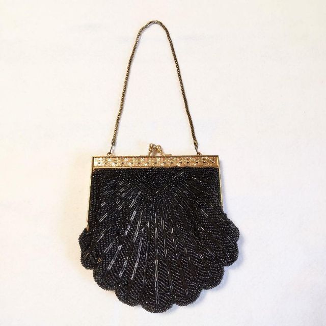 昭和レトロ　ビーズバッグ　がま口バッグ　ヴィンテージ　黒　ブラック　パーティー レディースのバッグ(ハンドバッグ)の商品写真
