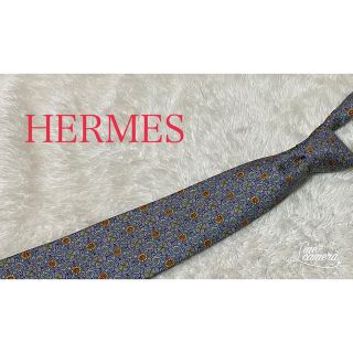 エルメス(Hermes)のHERMESエルメス ネクタイ 花柄 グレー オレンジ総柄(ネクタイ)