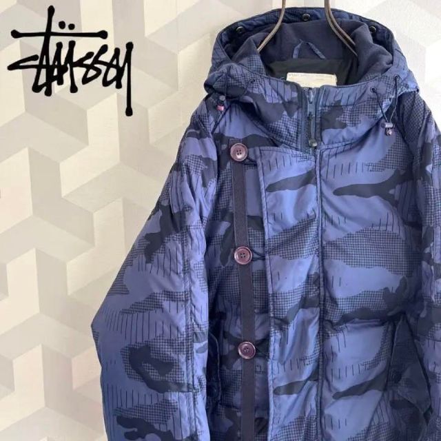 【stussy】総柄 ダウンジャケット パーカー 青ブルー ステューシー