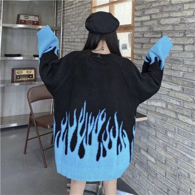 ファイヤー ニット セーター 韓国 オーバーサイズ　ブルー 人気