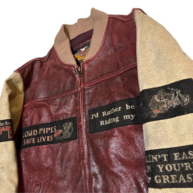 Harley Davidson(ハーレーダビッドソン)の90s ハーレーダビッドソン レザースタジャン vintage加工 牛革 刺繍 メンズのジャケット/アウター(スタジャン)の商品写真