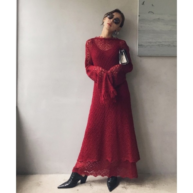 Ameri VINTAGE(アメリヴィンテージ)のameri GEOMETRIC LAYERED KNIT DRESS レディースのワンピース(ロングワンピース/マキシワンピース)の商品写真