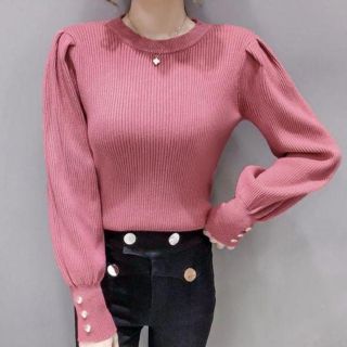 ピンク♡ラウンドネック パフスリーブ フロントボタン ニットボレロ 冬服 長袖(ニット/セーター)