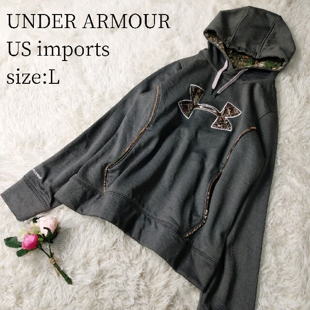 UNDER ARMOUR(アンダーアーマー)の一点物US輸入★UNDER ARMOUR プルオーバーパーカー グレー×ツリー柄 レディースのトップス(パーカー)の商品写真