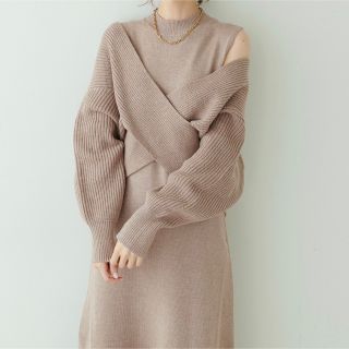 ナチュラルクチュール(natural couture)のナチュラルクチュール　クロスニットノースリワンピースセット　モカ　ベージュ(ロングワンピース/マキシワンピース)