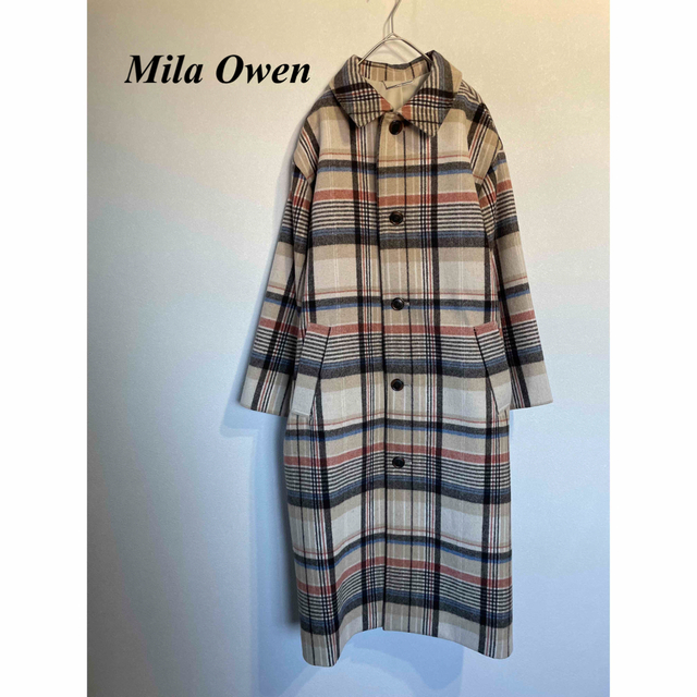 Mila Owen(ミラオーウェン)のミラ オーウェン　ウール チェック ステンカラーコート レディースのジャケット/アウター(ロングコート)の商品写真