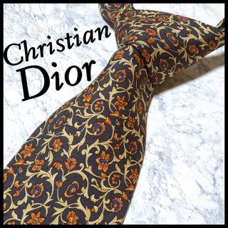 クリスチャンディオール(Christian Dior)の美品 ディオール ブランドネクタイ こげ茶 リーフ柄 シルク ビジネス(ネクタイ)