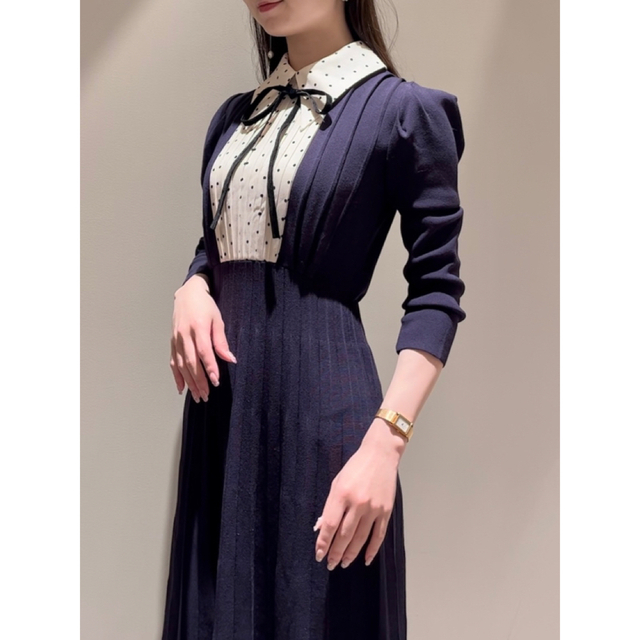 OUTLET SALE Sustainableブラウスカラードッキングニットワンピース 黒