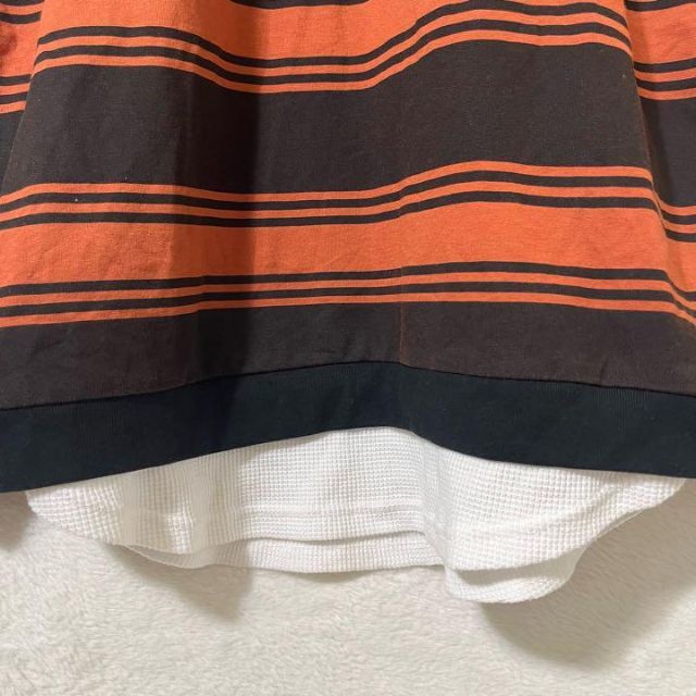 PLUS ONE(プラスワン)のPLUS ONE パーカー カットソー ボーダー 重ね着風 オレンジ 匿名配送 メンズのトップス(Tシャツ/カットソー(七分/長袖))の商品写真