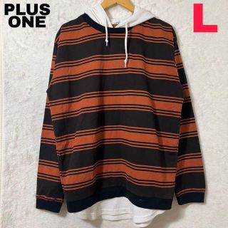 プラスワン(PLUS ONE)のPLUS ONE パーカー カットソー ボーダー 重ね着風 オレンジ 匿名配送(Tシャツ/カットソー(七分/長袖))