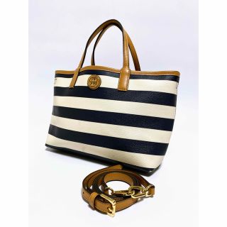 トリーバーチ(Tory Burch)のトリーバーチ　ボーダー　PVC 2way 脱着式ポーチ　モノトーン　白紺　dカン(ショルダーバッグ)