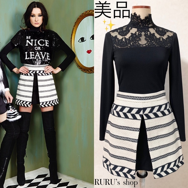 美品 alice+olivia ツイード×スリット 変形 レイヤード スカート-