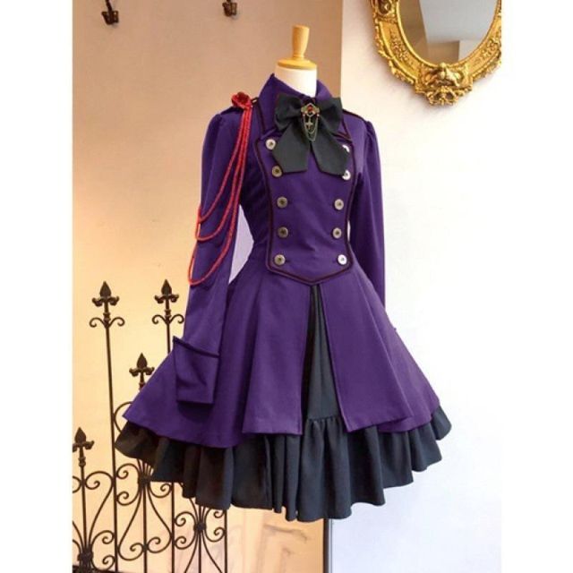 膝丈ワンピース 軍服 ロリータ ワンピース ゴスロリ ドレス 紫 パープル M