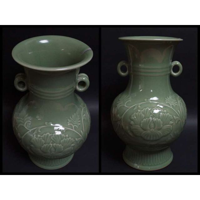 大正期平安三国丹祐作 青磁浮彫『牡丹唐草文』大型飾壺 花瓶 双環耳 高