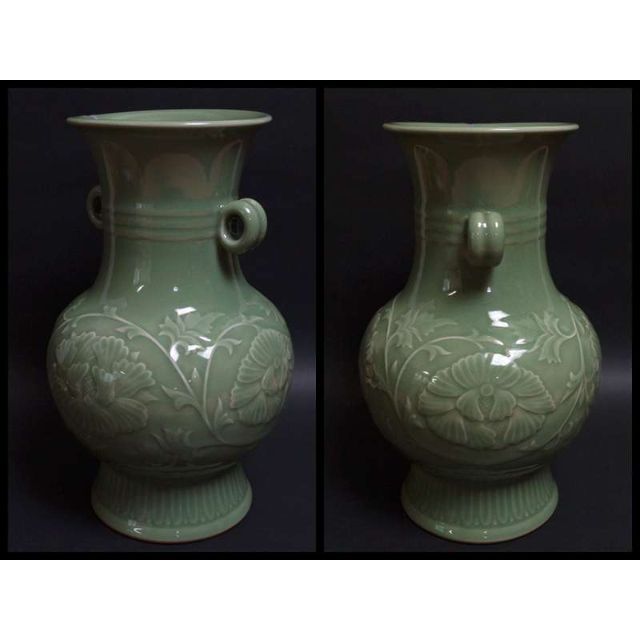大正期平安三国丹祐作 青磁浮彫『牡丹唐草文』大型飾壺 花瓶 双環耳 高