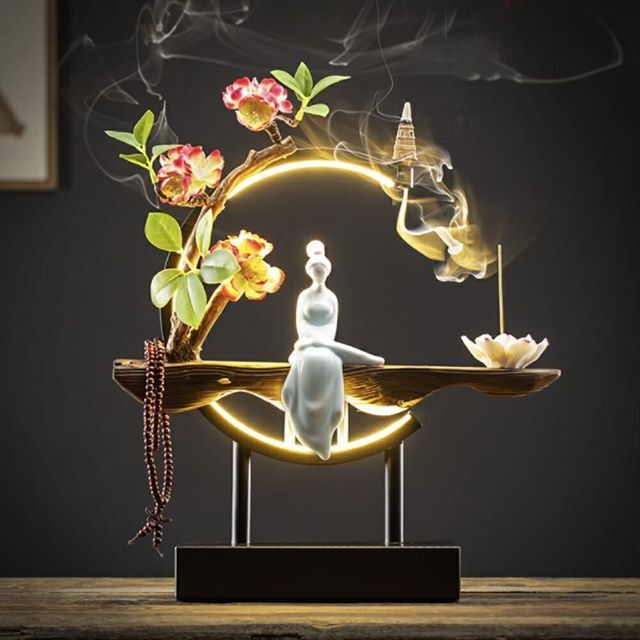お香立て LED 送料無料 花 座る 女神 木製 数珠 ライトAiO