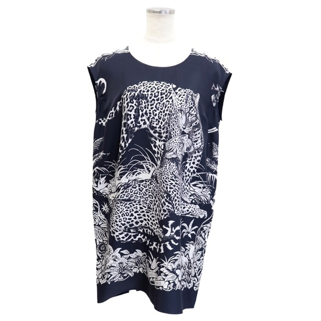 Hermes - 美品 エルメス JUNGLE LOVE シルクノースリーブ チュニック レディース ネイビー 白 34 クルーネック ワンピース ジャングルラブ HERMES