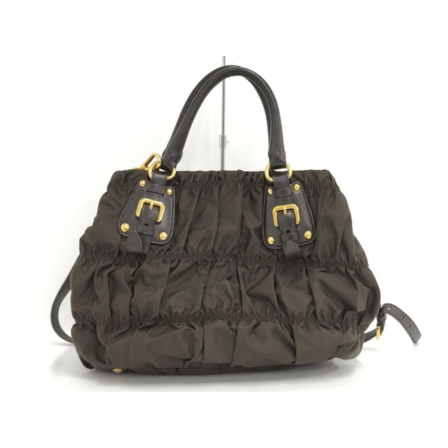 PRADA 2WAYハンドバッグ ギャザー ナイロン レザー ブラウン系