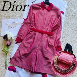 クリスチャンディオール(Christian Dior)の【良品】Christian Dior ロンパース レッド 襟 ハーフパンツ S(ひざ丈ワンピース)