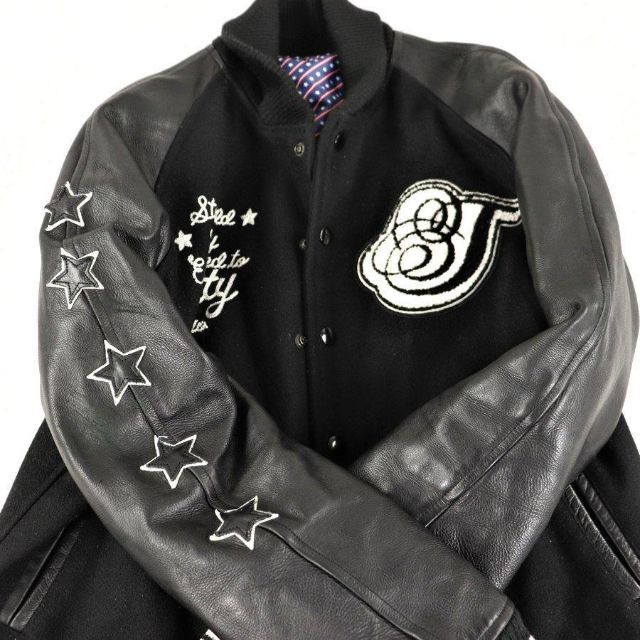 美品TOMMYトミーヒルフィガー レタードワッペン付 袖革スタジャン 黒 M