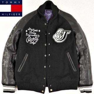 トミーヒルフィガー(TOMMY HILFIGER)の美品TOMMYトミーヒルフィガー レタードワッペン付 袖革スタジャン 黒 M(スタジャン)