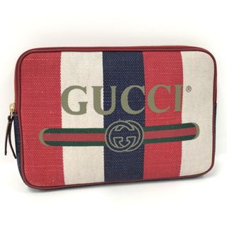 グッチ(Gucci)のGUCCI バイアデラストライプ クラッチバッグ キャンバス レッド ブルー(クラッチバッグ)