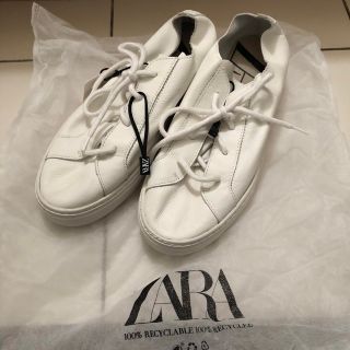 ザラ(ZARA)の新品未使用完売品 ZARA本革白レースアップスニーカー ホワイトレザー シンプル(スニーカー)