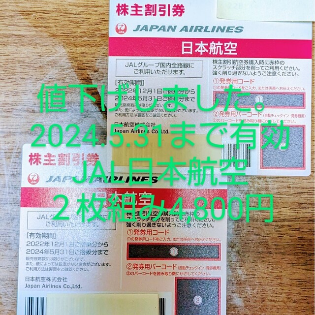 JAL(日本航空)(ジャル(ニホンコウクウ))のJAL 日本航空 2024年5月31日まで有効 株主優待割引券　2枚 チケットの優待券/割引券(その他)の商品写真
