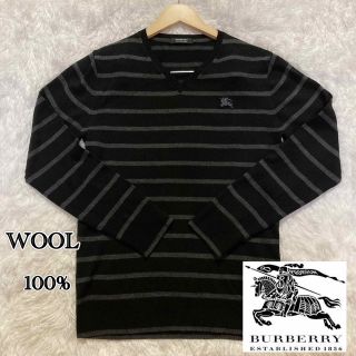 バーバリーブラックレーベル(BURBERRY BLACK LABEL)のバーバリーブラックレーベルボーダー柄Vネックニット◎ナイトホース刺繍(ニット/セーター)