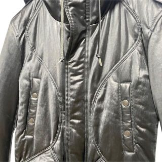 TroisO トロワゾ】ナイロン レザー部分使い モッズコート ブラック M-