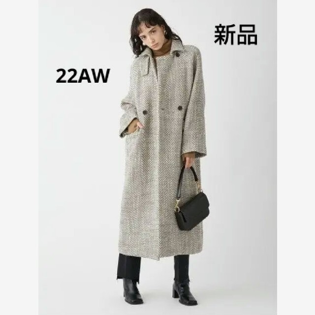 レディース新品 22AW ヘリンボーン柄ストラップダブルコート