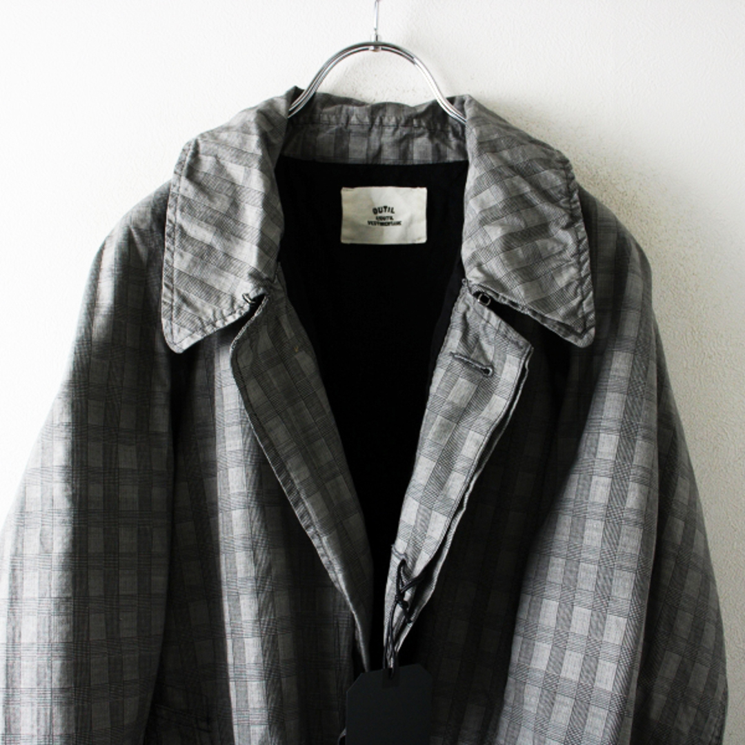 美品 定価6万 OUTIL ウティ MANTEAU LUZE CHECK チェック ハーフコート 0/グレー アウター オイルコーティング【2400013136488】