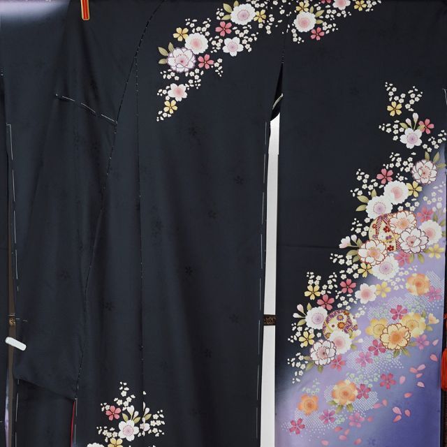 振袖 新品 未仕立て 仮絵羽 桜 鞠 金糸 型染め友禅 黒 ブラック 在庫保管品