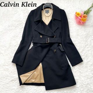 カルバンクライン(Calvin Klein)の【美品】Calvin Klein  カシミヤ混　ロングコート  ベルト　ブラック(ロングコート)