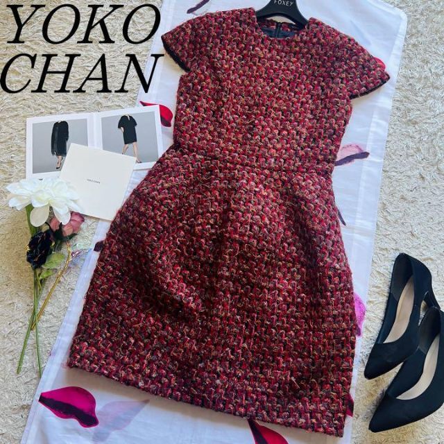 美品】YOKO CHAN ツイードバルーンワンピース レッド 膝丈 ドレス-